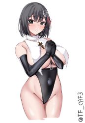 Rule 34 | 1girl, black gloves, black hair, black leotard, blush, breast curtains, breasts, brown eyes, cowboy shot, cross, cross necklace, elbow gloves, gloves, haguro (kancolle), hair ornament, highres, jewelry, kantai collection, large breasts, latin cross, leotard, looking at viewer, necklace, nun, praying, short hair, solo, tf cafe, twitter username, white background