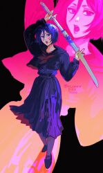 Rule 34 | 1girl, absurdres, black hair, bleach, floppydisk7000, highres, holding, holding sword, holding weapon, kuchiki rukia, looking at viewer, neck ribbon, open mouth, red ribbon, ribbon, short hair, solo, sword, twitter username, weapon, zanpakutou