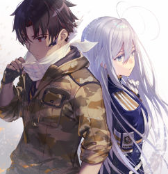 1boy, 1girl, 86 -eightysix-, antenna hair, back-to-back, bandanna, blue jacket, brown hair, camouflage, camouflage jacket, closed mouth, epaulettes, fingerless gloves, fingernails, gloves, grey gloves, grey hair, hair between eyes, hand up, jacket, long hair, long sleeves, microphone, military jacket, multicolored hair, red hair, shinei nouzen, shirabi, simple background, streaked hair, vladilena millize, white background, white gloves
