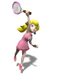 Rule 34 | 1girl, 3d, \||/, absurdres, bare arms, blonde hair, blue eyes, breasts, crown, dress, earrings, full body, highres, holding, holding tennis racket, jewelry, lips, long hair, looking up, mario (series), mario power tennis, mario tennis, medium breasts, nintendo, official alternate costume, official alternate hairstyle, official art, ponytail, princess peach, shadow, shoes, sneakers, solo, tennis peach, transparent background