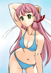 Rule 34 | 10s, 1girl, akashi (kancolle), bikini, breasts, cleavage, derivative work, gradient background, green eyes, hair ribbon, kantai collection, long hair, looking at viewer, navel, photo-referenced, pink hair, ribbon, sei (6862879), sketch, smile, solo, swimsuit, tress ribbon, twintails