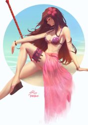 Rule 34 | 1girl, beach, bikini, bracelet, breasts, brown hair, cleavage, day, closed eyes, fate/grand order, fate (series), flower, from side, gae bolg (fate), hair flower, hair ornament, highres, jewelry, large breasts, bridal garter, long hair, purple bikini, raikoart, sarong, scathach (fate), see-through, sitting, solo, swimsuit, wind