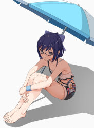 Rule 34 | 1girl, a-chan (hololive), absurdres, alternate costume, bare legs, bare shoulders, barefoot, beach umbrella, belt, black-framed eyewear, blue bow, blue eyes, blue hair, bow, breasts, closed mouth, collarbone, commentary request, deenamaito, eyelashes, feet, glasses, grey background, hair bow, hands on own legs, highres, hololive, hololive summer 2023 swimsuit, knees up, legs, legs together, looking at viewer, on ground, shadow, short hair, sidelocks, simple background, sitting, small breasts, solo, thighs, toes, umbrella, virtual youtuber, white belt