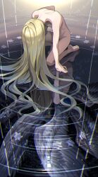 1boy afuro_terumi angel_wings blonde_hair closed_eyes completely_nude dolustoy hand_on_ground highres inazuma_eleven inazuma_eleven_(series) long_hair male_focus nude on_one_knee reflection shoulder_blades solo star_(symbol) water wings