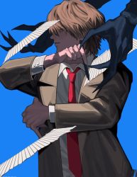 Rule 34 | 2boys, blue background, brown coat, brown hair, claws, coat, death note, eyes visible through hair, highres, holding, holding pen, male focus, multiple boys, necktie, open clothes, open coat, paper, parted lips, pen, red eyes, red necktie, ryuk, simple background, solo focus, woyaocharlie, yagami light