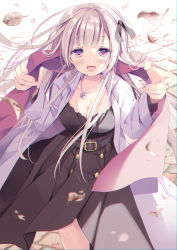 Rule 34 | 1girl, :d, arms up, autumn, belt, black dress, black ribbon, breasts, brick road, cleavage, collarbone, cowboy shot, dress, grabbing, hair ribbon, hoshino koucha, jacket, jewelry, large breasts, leaf, long sleeves, looking at viewer, necklace, open mouth, original, purple eyes, purple jacket, ribbon, scarf, silver hair, smile, solo