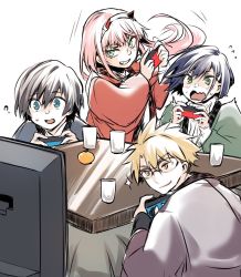 Rule 34 | 2boys, 2girls, ?, blonde hair, blue eyes, blue hair, blush, bob cut, brown hair, closed mouth, code geass, commentary, confused, cup, darling in the franxx, drinking glass, eyeshadow, food, fruit, glasses, gorou (darling in the franxx), green eyes, grin, hair ornament, hairband, hairclip, herozu (xxhrd), highres, hiro (darling in the franxx), horns, ichigo (darling in the franxx), kotatsu, long hair, makeup, mandarin orange, motion lines, multiple boys, multiple girls, nintendo switch, oni horns, open mouth, pink hair, playing games, red horns, short hair, shouting, smile, smirk, sparkle, surprised, sweatdrop, table, television, video game, wavy mouth, white hairband, yellow eyes, zero two (darling in the franxx)