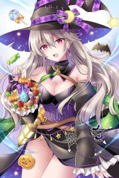 Rule 34 | 1girl, black dress, black hat, black sleeves, blush, breasts, candy, cleavage, commentary, corrin (female) (fire emblem), corrin (fire emblem), corset, detached collar, detached sleeves, dragonstone, dress, earrings, fingernails, fire emblem, fire emblem fates, fire emblem heroes, food, frilled sleeves, frills, gem, grey hair, hair between eyes, halloween, halloween costume, hat, highres, holding, jewelry, kirishima riona, long hair, looking at viewer, medium breasts, nail polish, nintendo, official alternate costume, open mouth, pointy ears, purple nails, red eyes, smile, solo, star (symbol), teeth, thighs, upper teeth only, witch hat