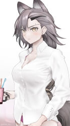 Rule 34 | 1girl, animal ears, arknights, black nails, brown hair, brown tail, buttoned cuffs, buttons, closed mouth, collared shirt, cowboy shot, cup, dress shirt, earrings, extra ears, fingernails, hair behind ear, hair ornament, highres, holding, holding cup, jewelry, long hair, long sleeves, looking ahead, mole, mole above eye, mole on forehead, mug, nail polish, panties, penance (arknights), pink panties, serious, shirt, simple background, solo, standing, surgeon cuffs, tail, toothbrush, twitter username, underwear, white background, white shirt, yellow eyes, yokaze (yokajie)