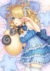 Rule 34 | 1girl, :3, aimori meguru, bell, blue bow, blue dress, blush, bow, dress, hair bow, highres, looking at viewer, one eye closed, open mouth, original, pillow, rubbing eyes, sheep, smile, solo, star-shaped pillow, stuffed animal, stuffed sheep, stuffed toy, thighhighs, white bow, white thighhighs