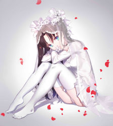 Rule 34 | 1girl, absurdres, blue eyes, breasts, bride, brown hair, crossed arms, fate/grand order, fate (series), feet, flower in mouth, full body, gluteal fold, graphite (medium), hands on own knees, highres, long hair, long sleeves, looking at viewer, mouth hold, no shoes, panties, pantyshot, parted lips, petals, plantar flexion, pleated skirt, sitting, skirt, solo, thighhighs, toes, tohsaka rin, traditional media, underwear, veil, virtu.al, white panties, white skirt, white thighhighs, zettai ryouiki