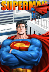 Rule 34 | 1boy, artist request, bara, biceps, black hair, bodysuit, building, cape, crossed arms, dc comics, english text, green eyes, large pectorals, looking at viewer, male focus, male swimwear, manly, mature male, muscular, muscular male, outdoors, pectorals, red male swimwear, red swim briefs, short hair, sinichi okazaki, smile, solo, speech bubble, superman, superman (series), swim briefs, swimsuit, thick arms, thick eyebrows, thick thighs, thighs, tight clothes, veins, veiny arms