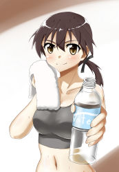 Rule 34 | 1girl, absurdres, blush, bottle, breasts, brown hair, gertrud barkhorn, highres, hiroshi (hunter-of-kct), large breasts, long hair, looking at viewer, midriff, outstretched hand, smile, solo, sports bra, strike witches, sweat, towel, twintails, water bottle, world witches series