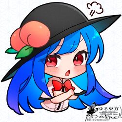 Rule 34 | 1girl, annoyed, artist name, asaka haru123, black hat, blue hair, blush, bow, bowtie, buttons, capelet, center frills, chibi, cropped torso, crossed arms, floating hair, frills, gradient hair, hat, highres, hinanawi tenshi, looking at viewer, multicolored hair, no nose, open mouth, peach hat ornament, puff of air, red bow, red bowtie, red eyes, shirt, sidelocks, simple background, sun hat, touhou, v-shaped eyebrows, white background, white capelet, white shirt
