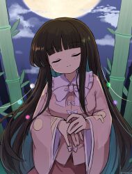 Rule 34 | 1girl, bamboo, bamboo forest, black hair, bow, closed eyes, cloud, eientei, forest, highres, houraisan kaguya, long hair, long sleeves, moon, nature, night, night sky, pink shirt, ramudia (lamyun), red skirt, shirt, skirt, sky, solo, touhou, white bow