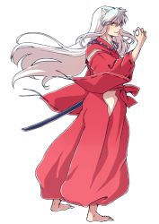 Rule 34 | 1boy, animal ears, barefoot, detached sleeves, dog ears, floating hair, fox ears, from side, full body, green kimono, hair between eyes, inuyasha, inuyasha (character), japanese clothes, jewelry, kimono, long hair, long sleeves, looking at viewer, male focus, motobi (mtb umk), necklace, ribbon-trimmed sleeves, ribbon trim, sheath, silver hair, simple background, solo, standing, very long hair, white background, yellow eyes