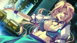 Rule 34 | 1girl, blonde hair, breasts, cleavage, game cg, gigai no alruna, large breasts, long hair, looking away, navel, open mouth, red eyes, skirt, smile, solo, standing, yamamoto kazue