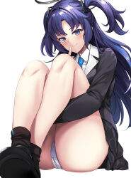 Rule 34 | 1girl, ass, black footwear, black skirt, blue archive, blue eyes, blue hair, blue necktie, blush, closed mouth, commentary request, highres, hinata sora, long sleeves, looking at viewer, necktie, panties, simple background, sitting, skirt, smile, thighs, two side up, underwear, white background, white panties, yuuka (blue archive)