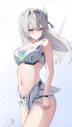 Rule 34 | 1girl, absurdres, bandeau, barcode, barcode tattoo, bare arms, bare shoulders, breasts, cleavage, commentary request, cowboy shot, firefly (honkai: star rail), gradient background, grey background, grey hair, grey hairband, hair ornament, hairband, highres, honkai: star rail, honkai (series), long sleeves, looking at viewer, medium breasts, midriff, navel, purple eyes, solo, standing, stomach, strapless, tattoo, thighs, tube top, white background, yeni1871