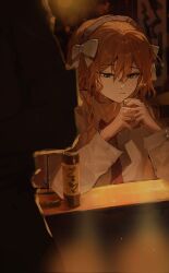 Rule 34 | 1girl, 1other, bar (place), bow, brown hairband, corrupted twitter file, cup, hair bow, hairband, highres, holding, holding cup, indoors, ishmael (project moon), limbus company, long hair, long sleeves, looking down, necktie, orange hair, project moon, red necktie, shirt, sitting, soju, solo focus, sona (lnjixn), very long hair, white bow, white shirt
