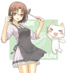 Rule 34 | &gt; &lt;, 1girl, :d, apron, bare legs, blush, brown hair, closed eyes, cowboy shot, dasoku sentarou, glasses, looking at viewer, open mouth, original, pointy ears, simple background, smile, solo, thighs, white background
