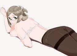 Rule 34 | 1girl, ass, black pantyhose, bra, closed mouth, folded ponytail, from behind, glasses, green eyes, grey background, grey hair, kantai collection, katori (kancolle), looking at viewer, lying, off shoulder, ojipon, on stomach, panties, pantyhose, ponytail, simple background, solo, thighband pantyhose, underwear, white bra, white panties