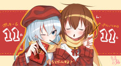 Rule 34 | 2girls, alternate costume, beret, blue eyes, blush, brown hair, brown scarf, dated, closed eyes, food, haiba 09, hair between eyes, hair ornament, hairclip, hat, hibiki (kancolle), highres, ikazuchi (kancolle), kantai collection, long hair, long sleeves, multiple girls, neck ribbon, one eye closed, pocky, pocky day, pocky kiss, ribbon, scarf, shared food, shirt, short hair, silver hair, translation request, white shirt