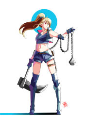 Rule 34 | 1girl, alternate costume, armored boots, automatic giraffe, blonde hair, blue gloves, boots, crop top, cropped jacket, dated, elbow pads, floating hair, gloves, holding, holding sickle, holding weapon, kneehighs, metroid, midriff, navel, nintendo, ponytail, red eyes, samus aran, short shorts, shorts, sickle, sleeveless, sleeveless jacket, socks, solo, standing, thigh strap, weapon, white background