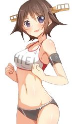 Rule 34 | 10s, 1girl, :d, anchor symbol, armband, bikini, blue eyes, brown hair, hairband, hiei (kancolle), highres, kantai collection, looking at viewer, md5 mismatch, metindone, navel, open mouth, resized, shiny skin, short hair, smile, solo, sports bikini, sports bra, sportswear, swimsuit, volleyball uniform