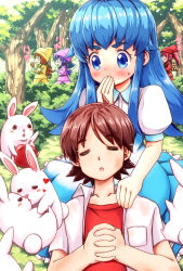 Rule 34 | 1boy, 4girls, :o, :p, aino megumi, animal, axe, blue eyes, blue hair, brown hair, bush, collarbone, covering own mouth, forest, french kiss, from side, happinesscharge precure!, hikawa iona, jacket, kiss, long hair, lying, lying on lap, multiple boys, multiple girls, name connection, naruse yasuhiro, nature, oomori yuuko, open clothes, open jacket, parody, parted lips, precure, profile, puffy short sleeves, puffy sleeves, pun, rabbit, sagara seiji, shirayuki hime, shirt, short hair, short sleeves, sidelocks, sleeping, sleeping on person, snow white, snow white and the seven dwarfs, sweatdrop, t-shirt, ti335bkfcw, tongue, tongue out, translation request, tree, upper body, walking, weapon