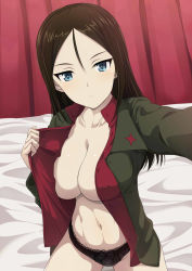 Rule 34 | 10s, 1girl, :|, black panties, blue eyes, breasts, brown hair, cleavage, closed mouth, collared shirt, covered erect nipples, curtains, dress shirt, dutch angle, girls und panzer, hair between eyes, inoshira, jacket, lace, lace-trimmed panties, lace trim, large breasts, long hair, long sleeves, looking at viewer, military, military uniform, navel, no bra, no pants, nonna (girls und panzer), on bed, open clothes, open jacket, open shirt, panties, reaching, reaching towards viewer, red shirt, selfie, shirt, solo, stomach, taking picture, unbuttoned, underwear, uniform