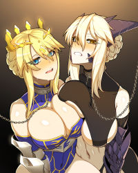 Rule 34 | 2girls, absurdres, artoria pendragon (fate), artoria pendragon (lancer) (fate), artoria pendragon (lancer alter) (fate), blue eyes, blue leotard, blush, braid, braided bun, breast press, breasts, chain, chained, cleavage, clenched teeth, collar, covered navel, crown, dark persona, dual persona, fate/grand order, fate (series), female focus, french braid, hair bun, heattech leotard, highres, horns, hyperbudd, large breasts, leotard, multiple girls, navel, revealing clothes, saliva, symmetrical docking, tearing up, teeth, turtleneck, underboob, yellow eyes