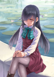 Rule 34 | 10s, 1girl, aqua bow, aqua bowtie, bad id, bad pixiv id, black hair, boots, bow, bowtie, breasts, brown footwear, closed mouth, collared shirt, cross-laced footwear, crossed legs, from above, grey pantyhose, hair over one eye, hair ribbon, half updo, hand on own knee, hayashimo (kancolle), highres, kantai collection, kosai takayuki, lace-up boots, lake, long hair, long sleeves, looking at viewer, one eye covered, pantyhose, red eyes, reflection, ribbon, shade, shirt, sitting, small breasts, solo, very long hair, water, white shirt