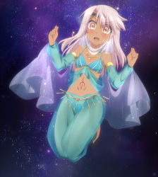 Rule 34 | 1girl, arabian clothes, armpits, bare shoulders, black footwear, blue dress, blush, chloe von einzbern, collarbone, confused, dark-skinned female, dark skin, detached sleeves, dress, fate/kaleid liner prisma illya, fate (series), flat chest, floating, harem outfit, headband, highres, jewelry, jumping, long hair, long sleeves, looking at viewer, midriff, navel, necklace, non-web source, open mouth, pink hair, puffy long sleeves, puffy sleeves, screencap, see-through, shoes, solo, space, star (sky), star (symbol), starry background, stitched, stomach, sweatdrop, tan, tareme, tattoo, third-party edit, veil