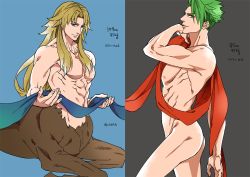 Rule 34 | 2boys, achilles (fate), brown hair, centaur, chiron (fate), closed mouth, fate (series), green hair, holding, long hair, looking at viewer, male focus, manly, monster boy, multiple boys, nude, simple background, smile, taur, yococco
