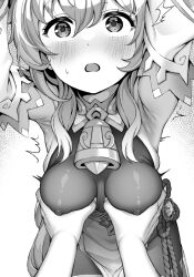 Rule 34 | 1girl, ^^^, armpits, arms up, bell, blush, breasts, chinese knot, covered erect nipples, detached sleeves, flower knot, ganyu (genshin impact), genshin impact, grabbing, grabbing another&#039;s breast, greyscale, halterneck, hanging breasts, large breasts, long hair, monochrome, neck bell, open mouth, paid reward available, pantyhose, see-through, sideboob, sidelocks, skindentation, sweatdrop, tatsuya (s6pillars), thighs, twitching, vision (genshin impact), waist cape