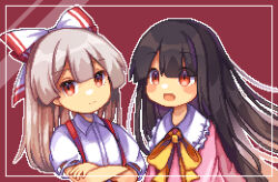Rule 34 | 2girls, :d, black hair, blush, bow, crossed arms, fujiwara no mokou, hair bow, highres, houraisan kaguya, light smile, long hair, looking at another, looking at viewer, multiple girls, omochinegi, open mouth, outline, pixel art, red background, red eyes, shirt, short sleeves, smile, suspenders, touhou, very long hair, white bow, white outline, white shirt