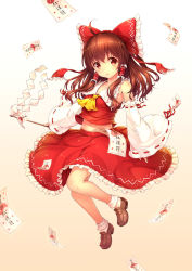 Rule 34 | 1girl, bare shoulders, bow, brown hair, detached sleeves, gogatsu no renkyuu, gohei, gradient background, hair bow, hair tubes, hakurei reimu, japanese clothes, loafers, long hair, miko, navel, ofuda, parted lips, shoes, solo, talisman, touhou