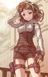 Rule 34 | 1girl, belt, breasts, brown eyes, brown gloves, brown hair, brown shorts, collared shirt, commentary request, corset, cowboy shot, fingerless gloves, frilled shirt, frills, gloves, goggles, goggles on head, hand in own hair, highres, holster, kty (jarijarikun), long sleeves, medium breasts, medium hair, original, outdoors, pouch, shirt, shorts, smile, solo, steampunk, thigh holster, thigh pouch, tsurime, white shirt