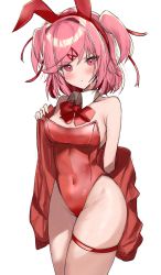 Rule 34 | 1girl, alternate breast size, animal ears, b4 (yonten), bare shoulders, blush, bow, bowtie, breasts, cleavage, closed mouth, covered navel, cowboy shot, detached collar, doki doki literature club, fake animal ears, hair ornament, hairband, hairclip, highres, jacket, leotard, long sleeves, looking at viewer, medium breasts, natsuki (doki doki literature club), off shoulder, open clothes, open jacket, pink hair, playboy bunny, rabbit ears, red bow, red bowtie, red eyes, red hairband, red jacket, red leotard, short hair, simple background, solo, strapless, strapless leotard, thigh strap, white background