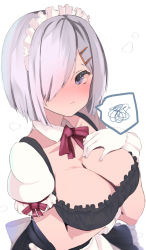 Rule 34 | 1girl, alternate costume, apron, atsutoku, blue eyes, breasts, detached collar, enmaided, gloves, grey hair, hair ornament, hair over one eye, hairclip, hamakaze (kancolle), highres, kantai collection, large breasts, maid, maid apron, maid headdress, solo, speech bubble, spoken squiggle, squiggle, upper body, waist apron, white apron, white gloves