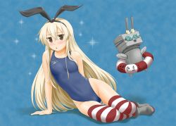 Rule 34 | 1girl, blonde hair, blue background, blue one-piece swimsuit, brown eyes, commentary request, competition swimsuit, full body, hairband, kantai collection, long hair, one-piece swimsuit, rensouhou-chan, shimakaze (kancolle), sitting, solo, sparkle, speedo (company), striped clothes, striped thighhighs, swimsuit, thighhighs, tk4, yokozuwari