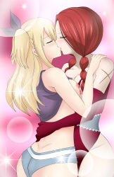 Rule 34 | 2girls, absurdres, ass, blonde hair, breasts, commission, dimples of venus, dmayaichi, closed eyes, fairy tail, flare corona, highres, kiss, lucy heartfilia, multiple girls, nipples, red hair, simple background, yuri