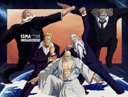 Rule 34 | 5boys, artist name, bad tag, bald, beard, birthmark, black necktie, black suit, blonde hair, blue suit, clenched hands, closed mouth, dragon ball, dreadlocks, earth (planet), ethan-baron v. nusjuro, facial hair, formal, ginyu force pose, glasses, grey hair, highres, holding own wrist, ismaindahouse, jaygarcia saturn, long hair, looking at viewer, male focus, marcus mars, medium hair, multiple boys, necktie, one piece, open clothes, open mouth, planet, purple necktie, robe, scar, scar across eye, scar on chest, scene reference, serious, shepherd ju peter, shirt, short hair, suit, thick mustache, topman warcury, white hair, white robe, white shirt
