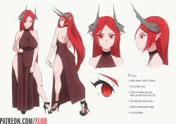 Rule 34 | 1girl, ass, bare back, bare shoulders, breasts, choker, demon girl, flou (flou art), freckles, hand on own hip, high heels, horns, large breasts, legs, original, pointy ears, red eyes, red hair, rinn (flou), upper body