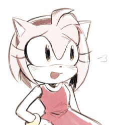 Rule 34 | 1girl, amy rose, animal ears, animal nose, bare shoulders, black eyes, blush, bracelet, breasts, commentary, dress, english commentary, eyelashes, furry, furry female, gloves, gold bracelet, hairband, hand on own hip, hedgehog ears, hedgehog girl, highres, jewelry, looking to the side, lunaerim, medium breasts, open mouth, pink fur, red dress, red hairband, simple background, sleeveless, sleeveless dress, smile, solo, sonic (series), white background, white gloves