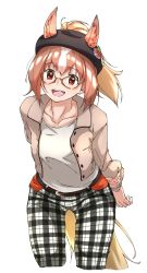 Rule 34 | 1girl, absurdres, alternate eyewear, animal ears, beige jacket, belt, beret, black pants, blouse, brown belt, chestnut thoroughbred (kemono friends), collarbone, commentary request, cowboy shot, ears through headwear, extra ears, flower, glasses, hair flower, hair ornament, hat, headgear, highres, holding own arm, horse ears, horse girl, horse tail, kemono friends, kemono friends 3, leaning forward, light brown hair, long sleeves, looking at viewer, multicolored hair, official alternate costume, pants, plaid, plaid pants, ponytail, red eyes, rose, shirt, solo, tail, tanabe (fueisei), two-tone hair, two-tone pants, white hair, white pants, white shirt