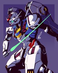 Rule 34 | 2022, absurdres, alex (apdoodles), blue eyes, cowboy shot, glowing, glowing eye, gundam, gundam aerial, gundam suisei no majo, highres, holding, holding sword, holding weapon, mecha, mobile suit, no humans, purple background, robot, signature, solo, sword, v-fin, weapon