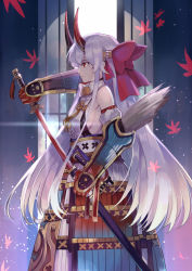 Rule 34 | 1girl, armor, bow, breasts, column, commentary, detached sleeves, drawing sword, fate/grand order, fate (series), gloves, hair bow, hairband, holding, holding sword, holding weapon, horns, japanese armor, japanese clothes, katana, kote, kusazuri, leaf, long hair, looking to the side, maple leaf, medium breasts, oni horns, pillar, red bow, red eyes, red gloves, red horns, sagta panggang, scabbard, sheath, sideboob, silver hair, solo, sword, tomoe gozen (fate), unsheathing, very long hair, weapon