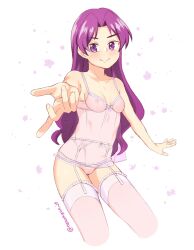 Rule 34 | 1girl, ai yori aoshi, artist name, blush, bra, breasts, cameltoe, cleavage, cleft of venus, closed mouth, collarbone, commission, dress, functionally nude, garter belt, garter straps, highres, legs, lingerie, long hair, looking at viewer, miyuki mayu, navel, nekokyun, nipples, panties, parted bangs, pink bra, pink panties, pink thighhighs, purple eyes, purple hair, reaching, reaching towards viewer, see-through, see-through cleavage, see-through dress, see-through panties, sleeveless, small breasts, smile, solo, standing, thigh strap, thighhighs, thighs, uncensored, underwear, underwear only, white background